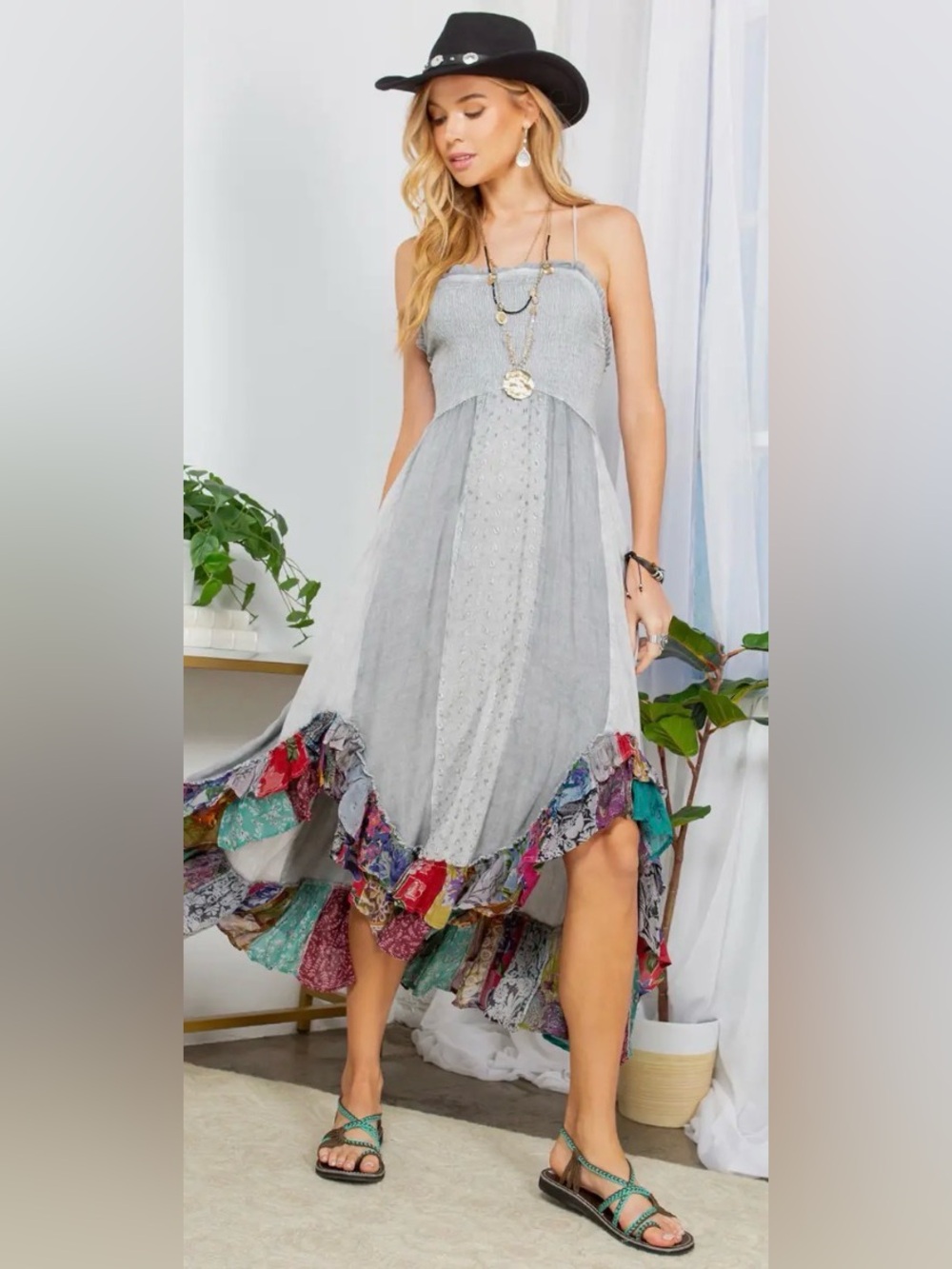 NWT Smocked Boho Light Grey Maxi Dress with Colorful Ruffle Gypsy Hem - Picture 7 of 10